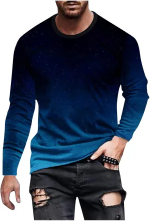 Men's Fashion Gradient Printed Shirts Long Sleeve Round Neck Pullover Athletic Workout Shirts Running Sport Shirts