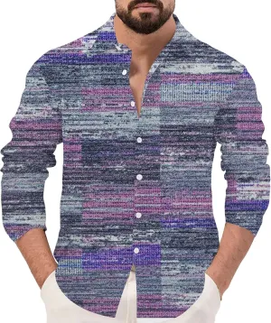 Men's Hawaiian Long Sleeve Shirts Lightweight Casual Patchwork Button Down Shirts Holiday Loose Fit Linen Shirts