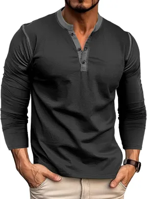 Men's Henley Shirts Classic Casual Basic Tee Shirts Long Sleeve Cotton Button T Shirts