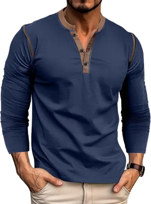 Men's Henley Shirts Classic Casual Basic Tee Shirts Long Sleeve Cotton Button T Shirts