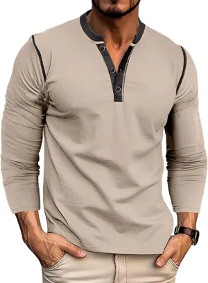 Men's Henley Shirts Classic Casual Basic Tee Shirts Long Sleeve Cotton Button T Shirts