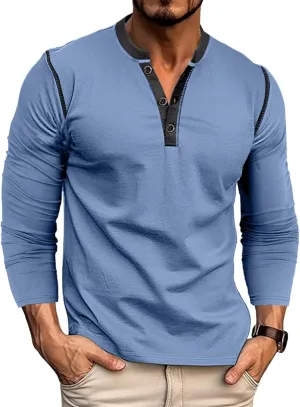 Men's Henley Shirts Classic Casual Basic Tee Shirts Long Sleeve Cotton Button T Shirts
