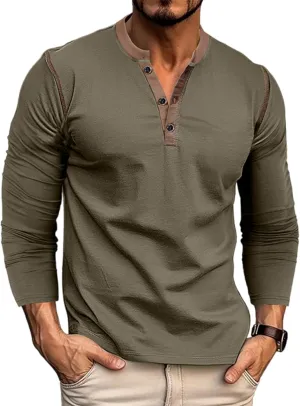 Men's Henley Shirts Classic Casual Basic Tee Shirts Long Sleeve Cotton Button T Shirts