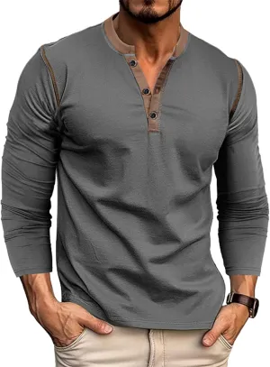 Men's Henley Shirts Classic Casual Basic Tee Shirts Long Sleeve Cotton Button T Shirts
