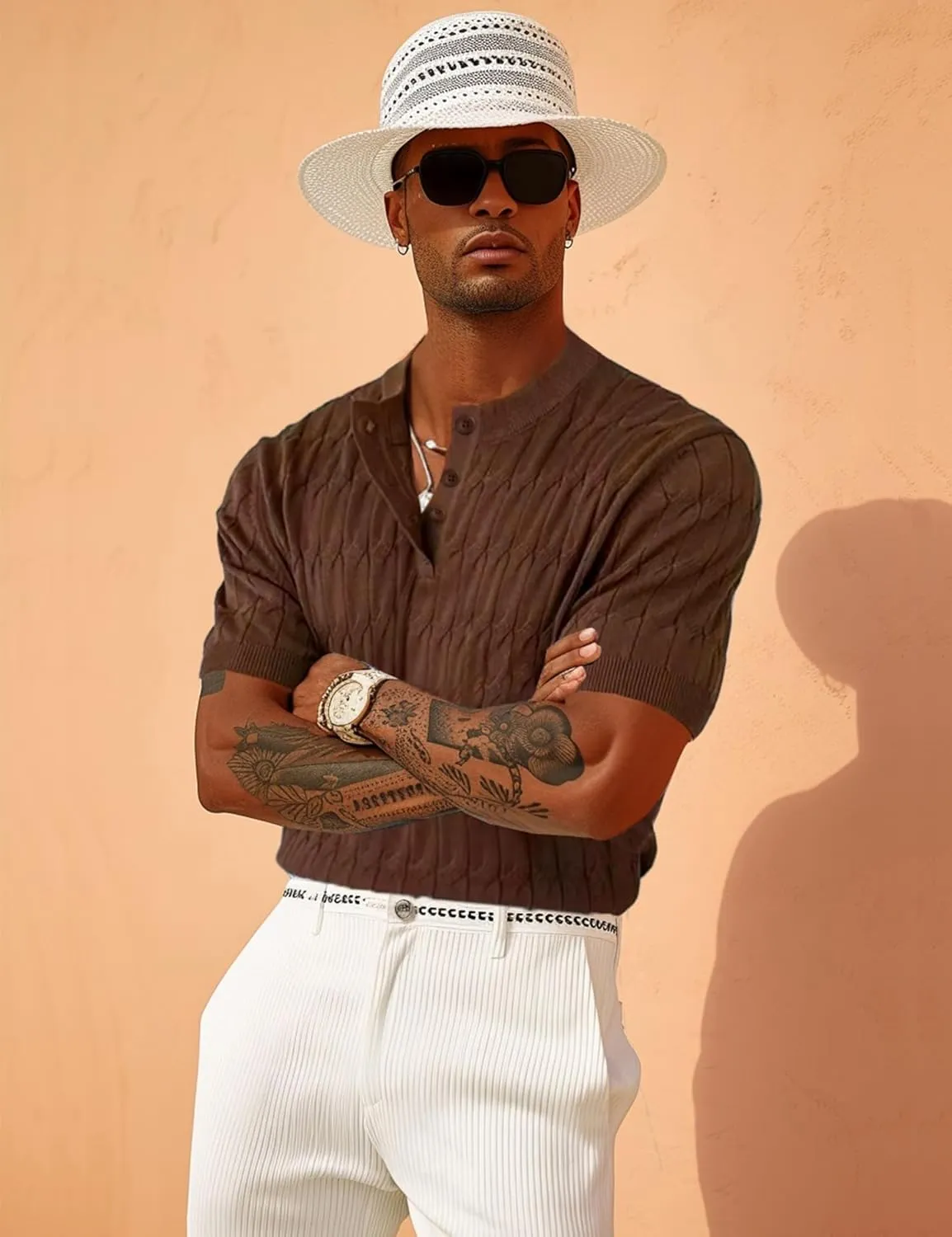 Men's Knit Polo Shirts Short Sleeve Texture Henley Shirts Knitted T-Shirts Casual Lightweight Golf Shirts