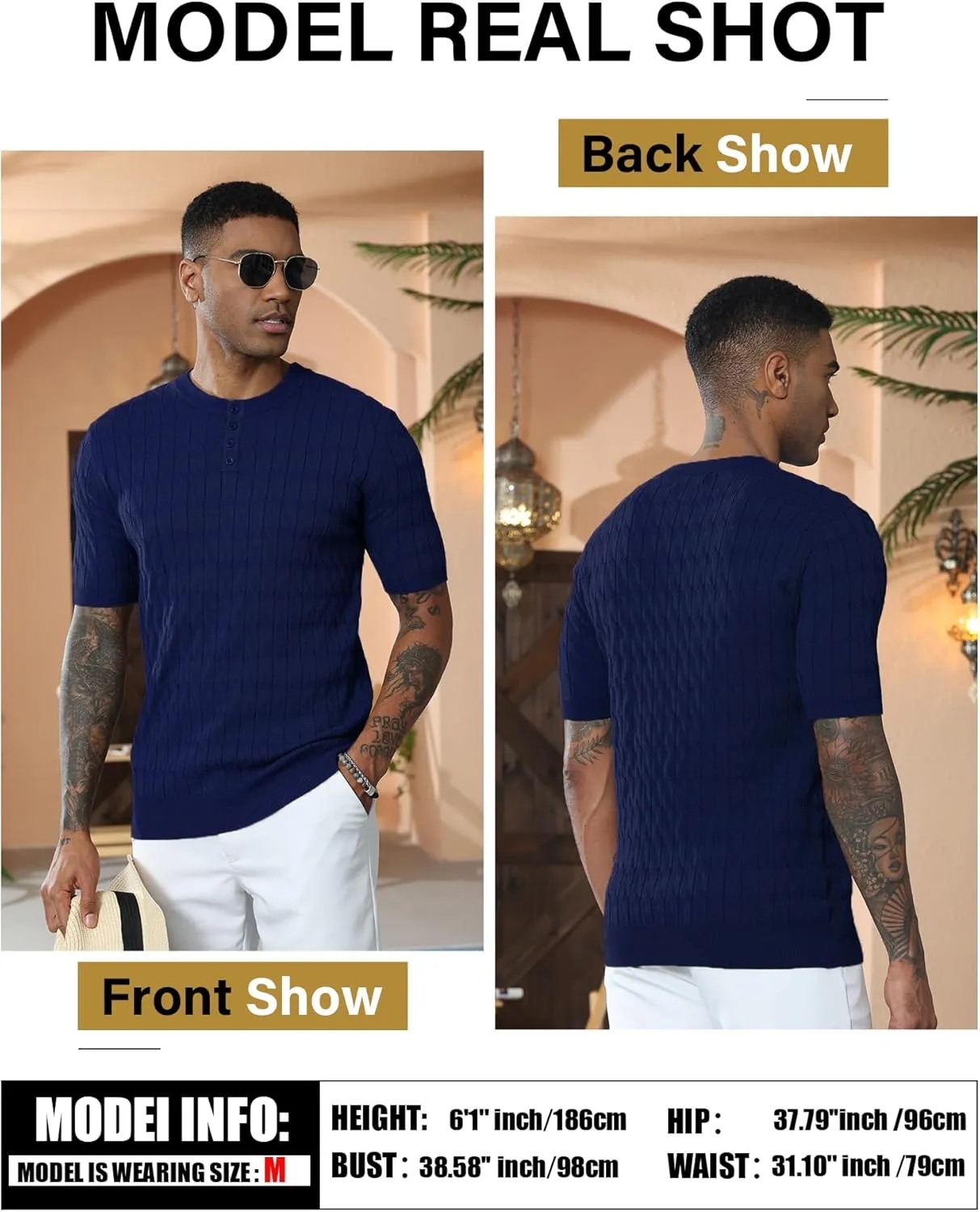 Men's Knit Polo Shirts Short Sleeve Texture Henley Shirts Knitted T-Shirts Casual Lightweight Golf Shirts