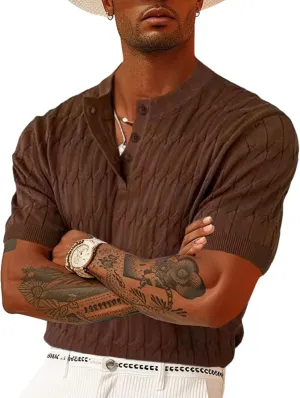 Men's Knit Polo Shirts Short Sleeve Texture Henley Shirts Knitted T-Shirts Casual Lightweight Golf Shirts