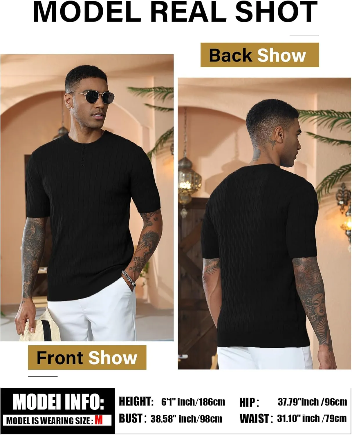 Men's Knit Polo Shirts Short Sleeve Texture Henley Shirts Knitted T-Shirts Casual Lightweight Golf Shirts