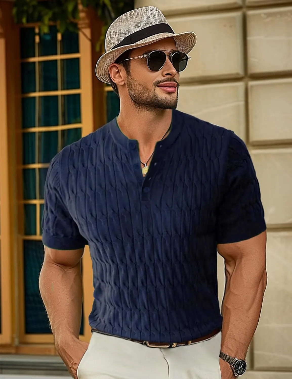 Men's Knit Polo Shirts Short Sleeve Texture Henley Shirts Knitted T-Shirts Casual Lightweight Golf Shirts