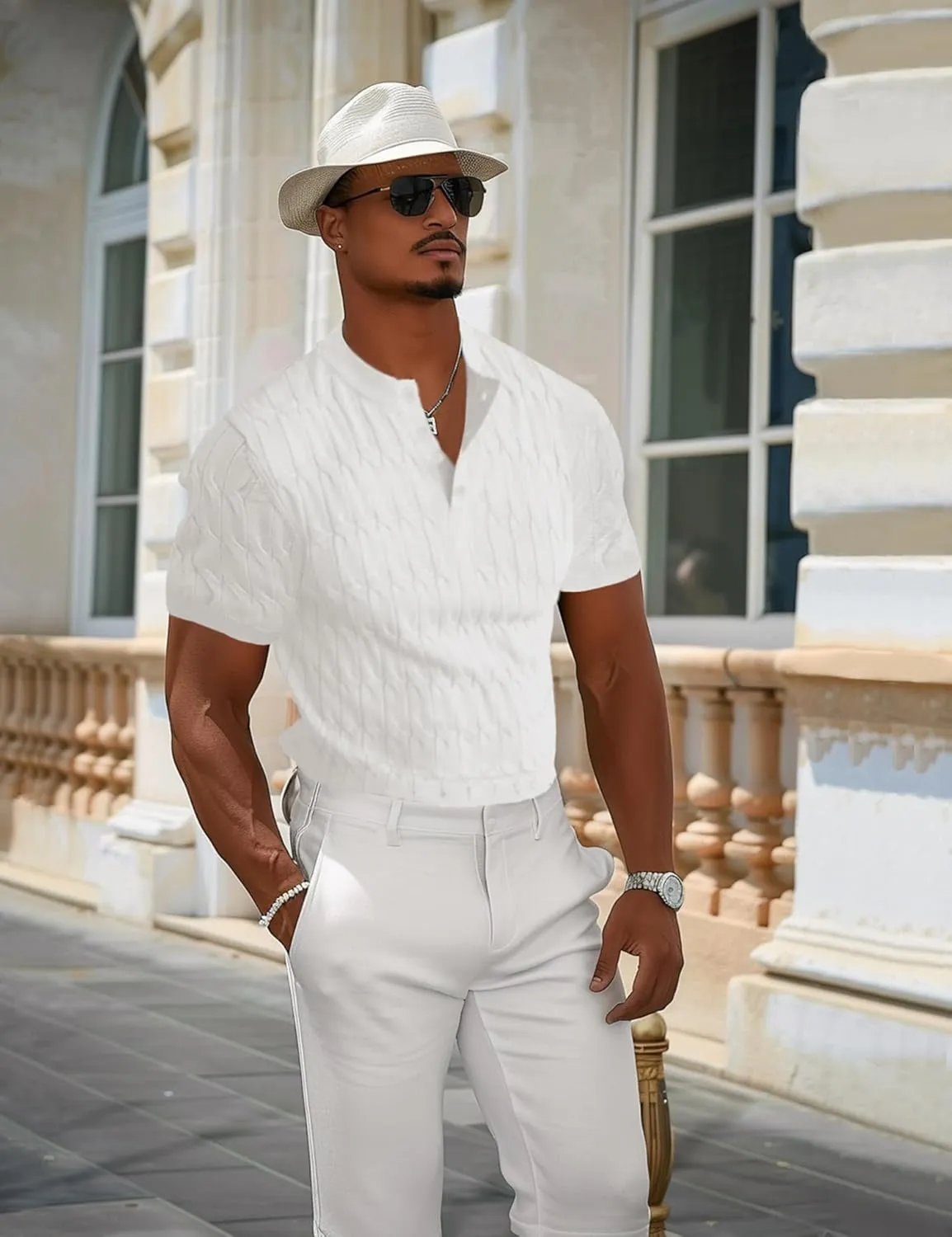 Men's Knit Polo Shirts Short Sleeve Texture Henley Shirts Knitted T-Shirts Casual Lightweight Golf Shirts