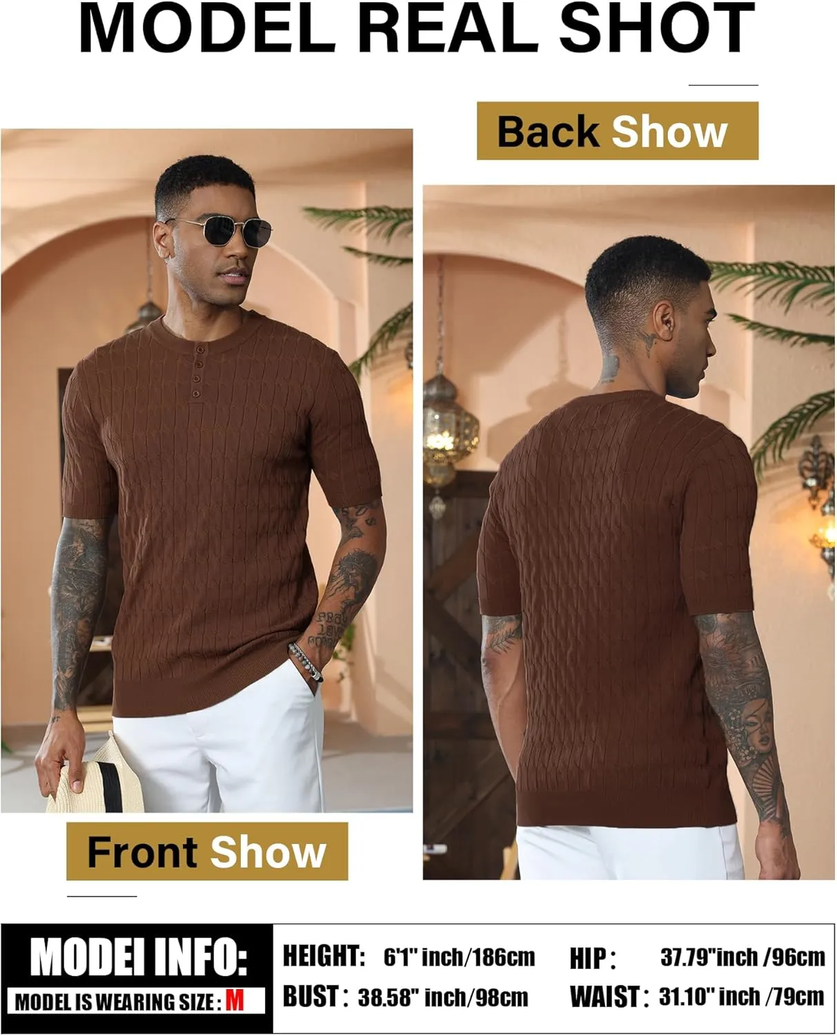 Men's Knit Polo Shirts Short Sleeve Texture Henley Shirts Knitted T-Shirts Casual Lightweight Golf Shirts