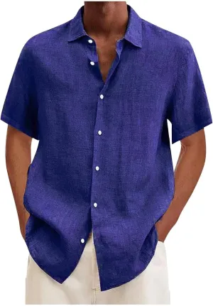 Mens Linen Shirts Casual Short Sleeve Summer Beach Shirts Loose Fit Cotton Linen Shirts Resort Clothings