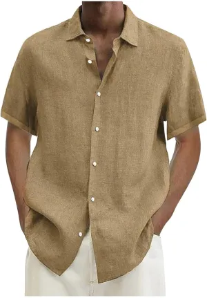 Mens Linen Shirts Casual Short Sleeve Summer Beach Shirts Loose Fit Cotton Linen Shirts Resort Clothings