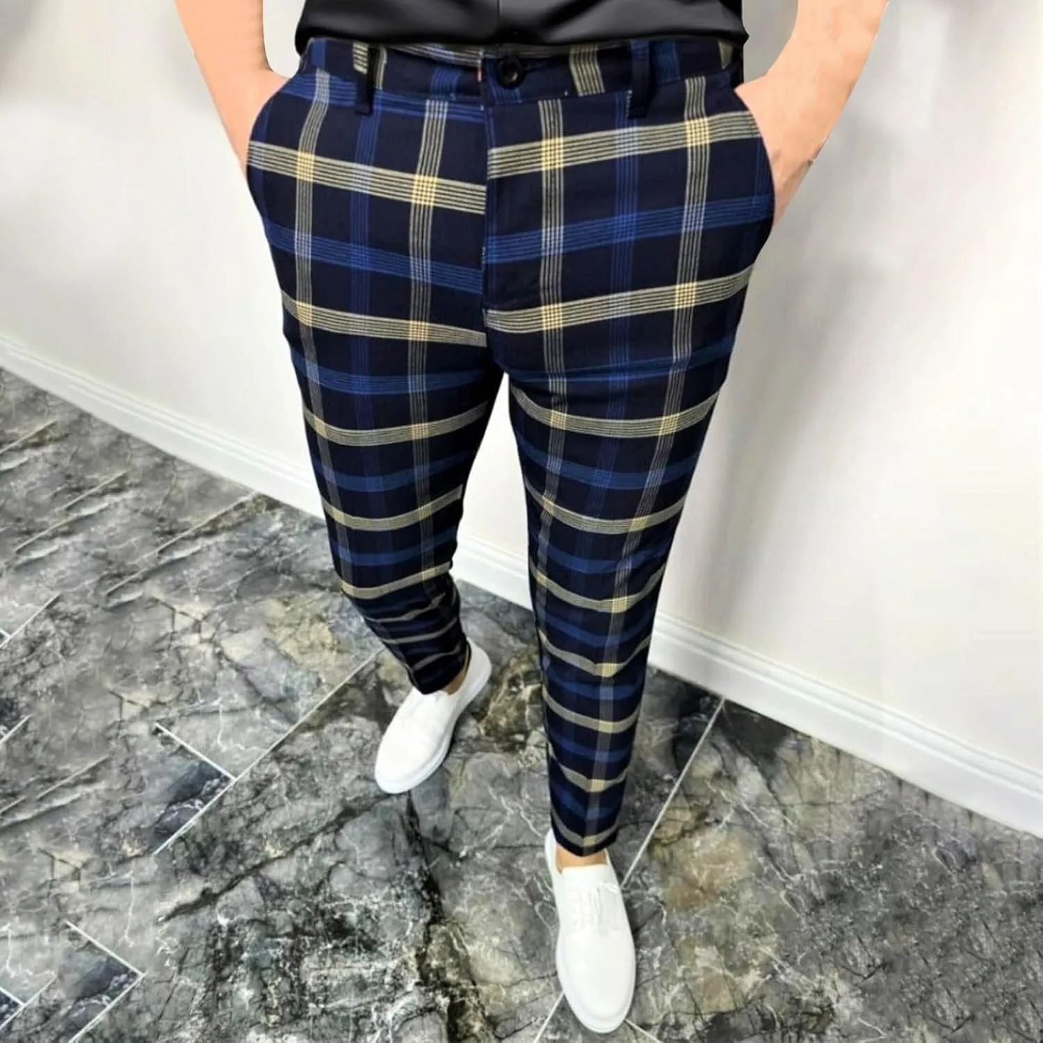 Mens Plaid Pants Skinny Dress Pants Slim Fit Business Slacks Casual Work Pants Comfy Suit Pants Comfy Golf Trousers