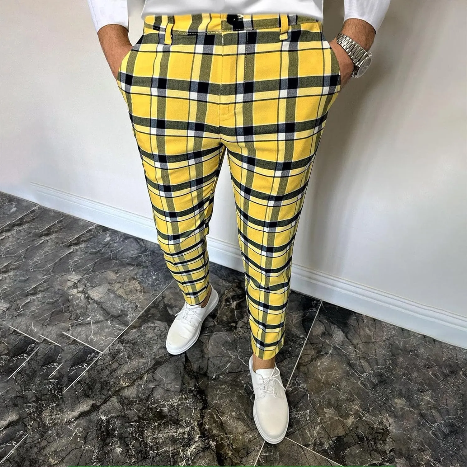 Mens Plaid Pants Skinny Dress Pants Slim Fit Business Slacks Casual Work Pants Comfy Suit Pants Comfy Golf Trousers