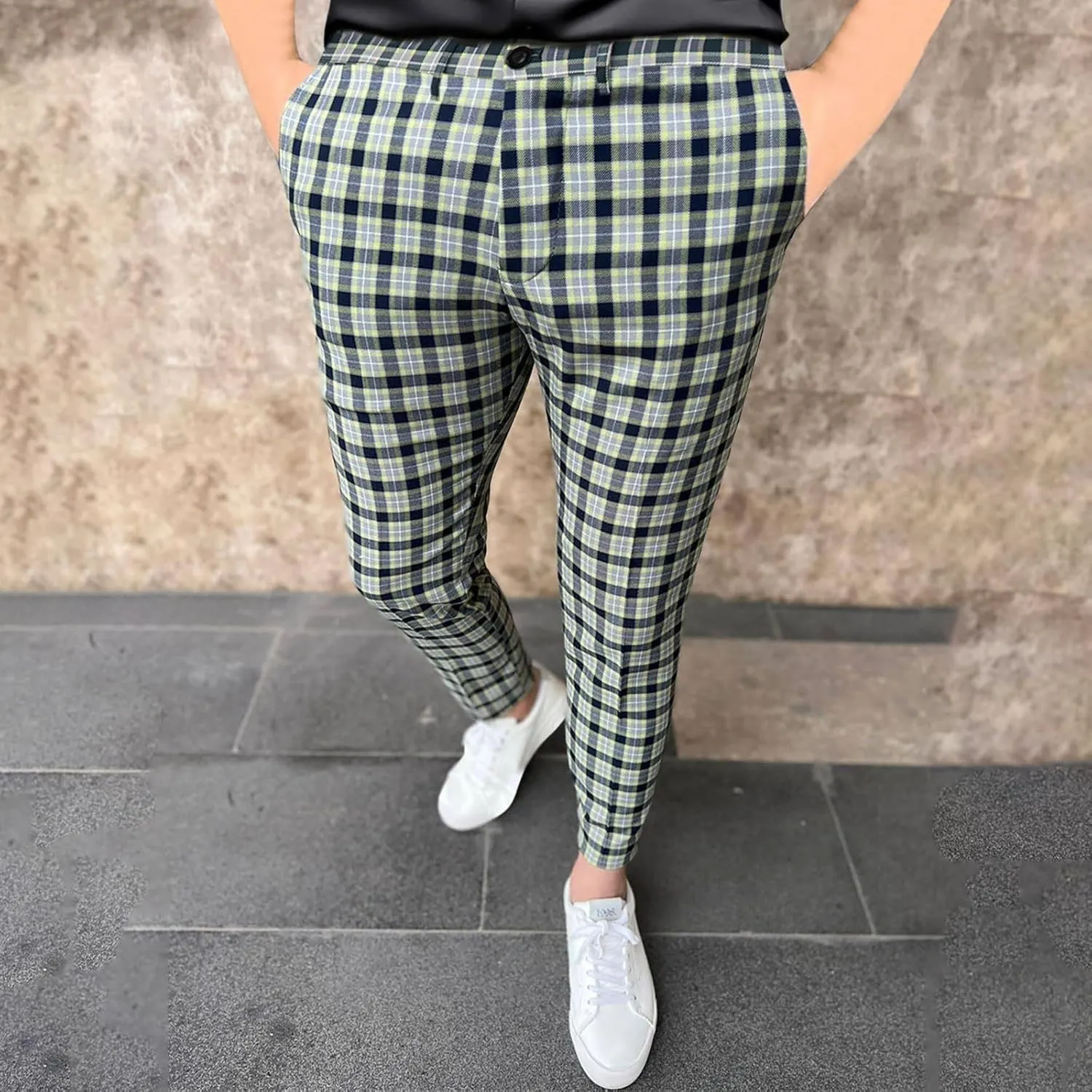 Mens Plaid Pants Skinny Dress Pants Slim Fit Business Slacks Casual Work Pants Comfy Suit Pants Comfy Golf Trousers