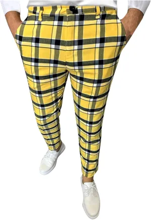Mens Plaid Pants Skinny Dress Pants Slim Fit Business Slacks Casual Work Pants Comfy Suit Pants Comfy Golf Trousers