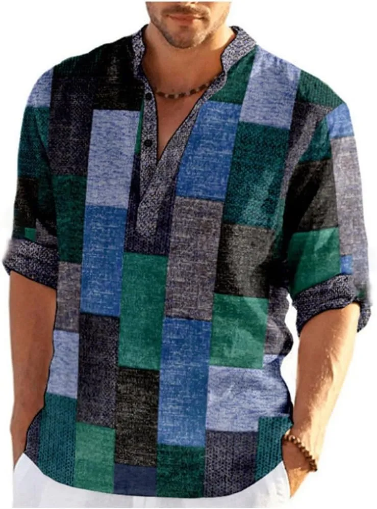 Mens Shirt Graphic Henley Shirts Colorful Plaid Linen Shirts for Men 3/4 Sleeve T-Shirts