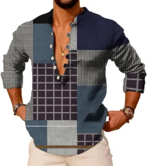 Mens Shirt Graphic Henley Shirts Colorful Plaid Linen Shirts for Men 3/4 Sleeve T-Shirts