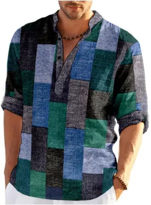 Mens Shirt Graphic Henley Shirts Colorful Plaid Linen Shirts for Men 3/4 Sleeve T-Shirts