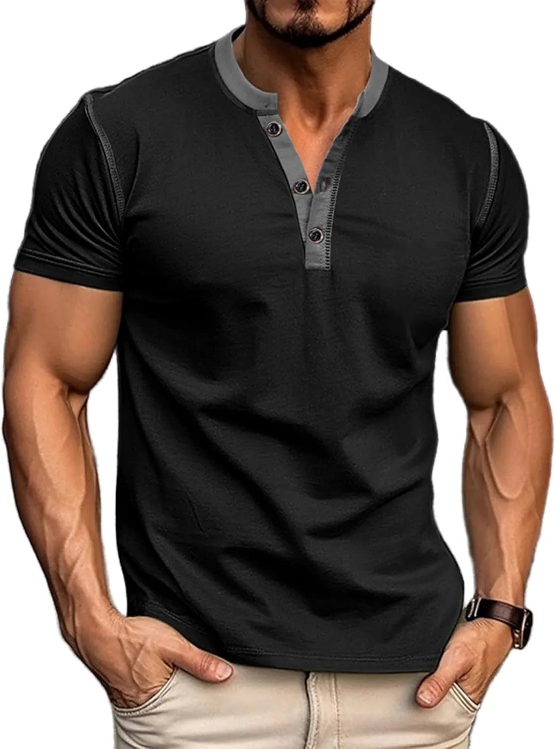 Mens Short Sleeve Shirts Casual Cotton Henley Shirts Slim Fit Summer Classic T-Shirts