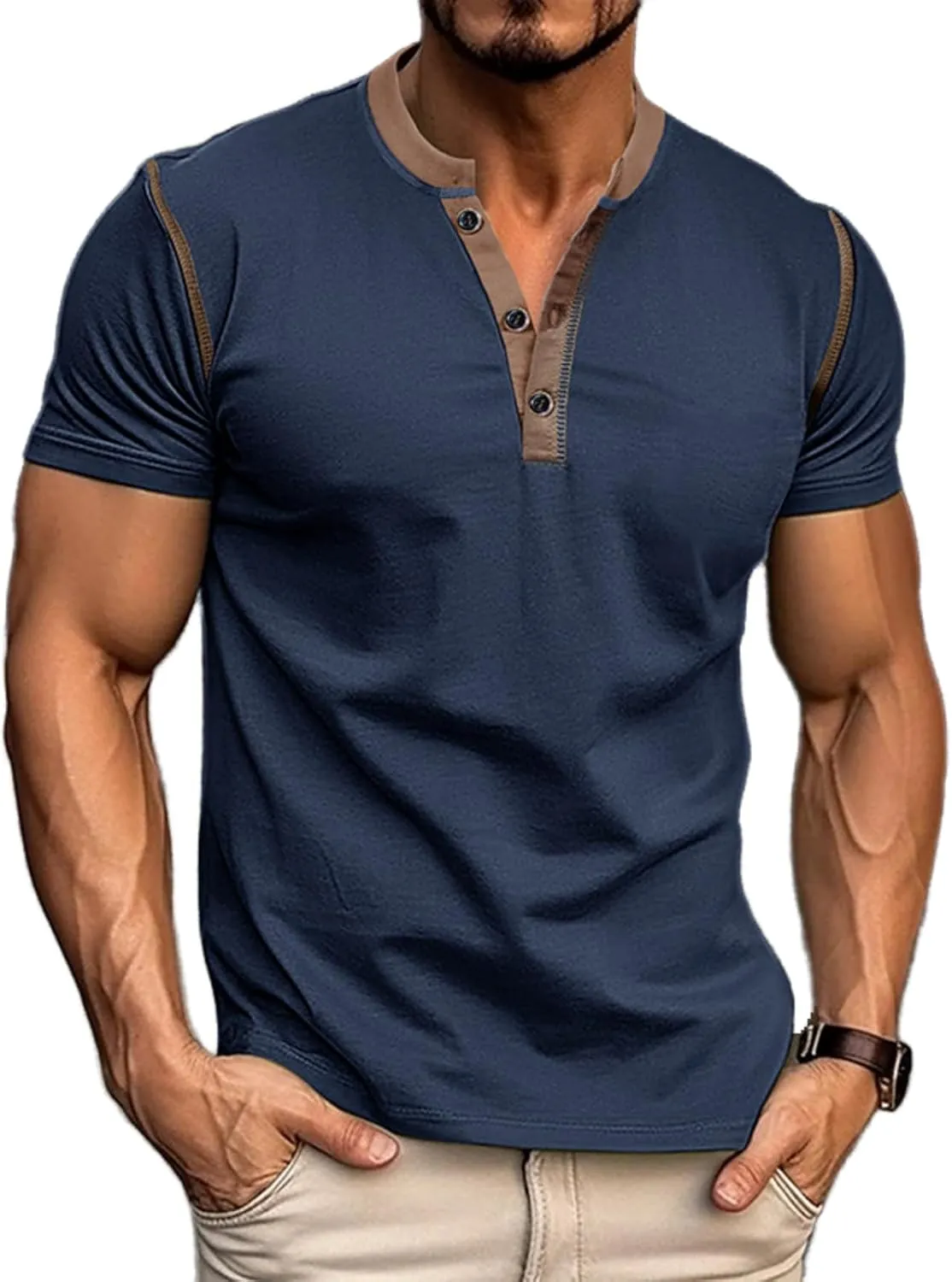 Mens Short Sleeve Shirts Casual Cotton Henley Shirts Slim Fit Summer Classic T-Shirts