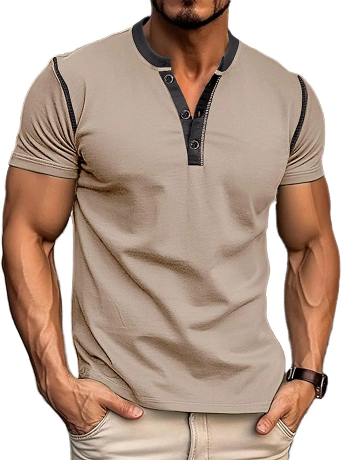 Mens Short Sleeve Shirts Casual Cotton Henley Shirts Slim Fit Summer Classic T-Shirts