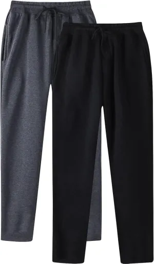 Mens Sweatpants 2 Pack Joggers Open-Bottom Casual Fleece Lined Elastic Waist Drawstring Workout Pants with Pockets