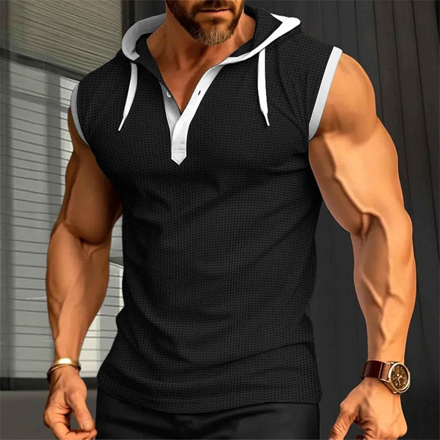 Mens Waffle Tank Tops Hoodie Shirts Sleeveless Gym Hoodies Bodybuilding Muscle Shirts Casual Beach Hippie Shirts