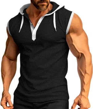 Mens Waffle Tank Tops Hoodie Shirts Sleeveless Gym Hoodies Bodybuilding Muscle Shirts Casual Beach Hippie Shirts