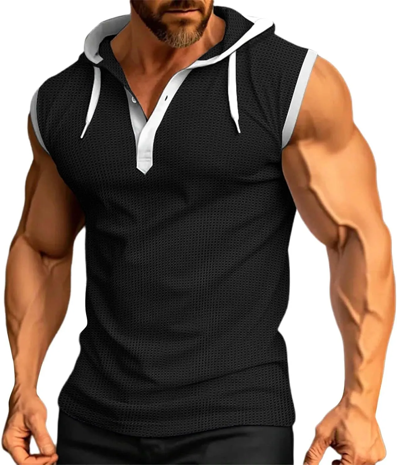 Mens Waffle Tank Tops Hoodie Shirts Sleeveless Gym Hoodies Bodybuilding Muscle Shirts Casual Beach Hippie Shirts