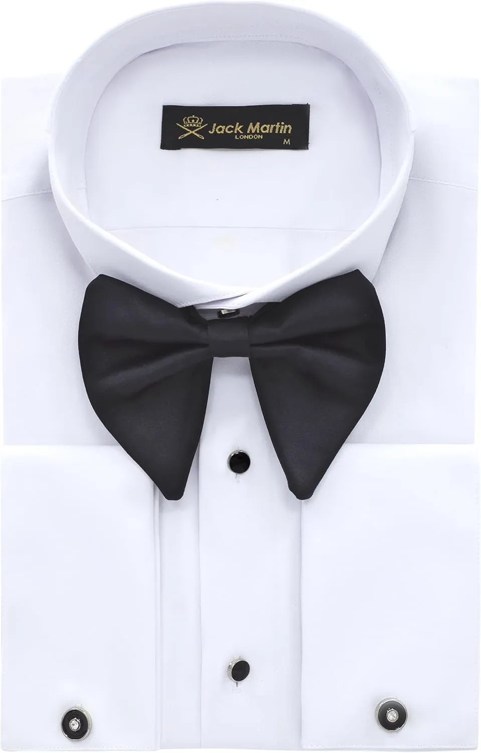 Men's White Wing Collar Tuxedo Shirt with French Cuffs | Set Incl. Cufflinks & Black Bow Tie | Luxe Dress Shirts for Men