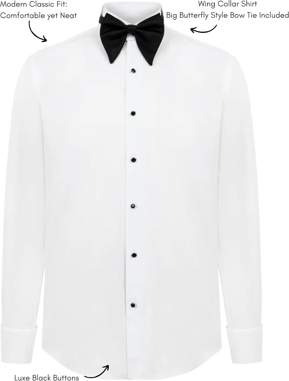 Men's White Wing Collar Tuxedo Shirt with French Cuffs | Set Incl. Cufflinks & Black Bow Tie | Luxe Dress Shirts for Men