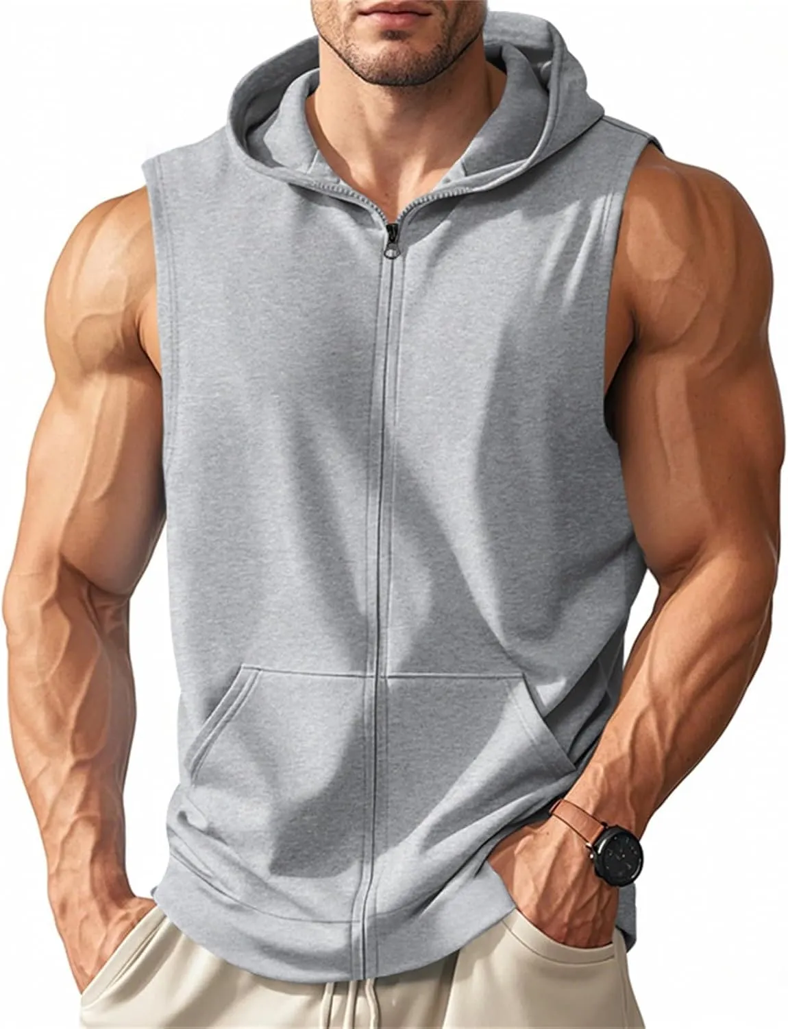 Mens Workout Hooded Tank Top Muscle Cut Off Zip Up Sleeveless Gym Shirt Loose Bodybuilding Fitness Hoodie with Pocket