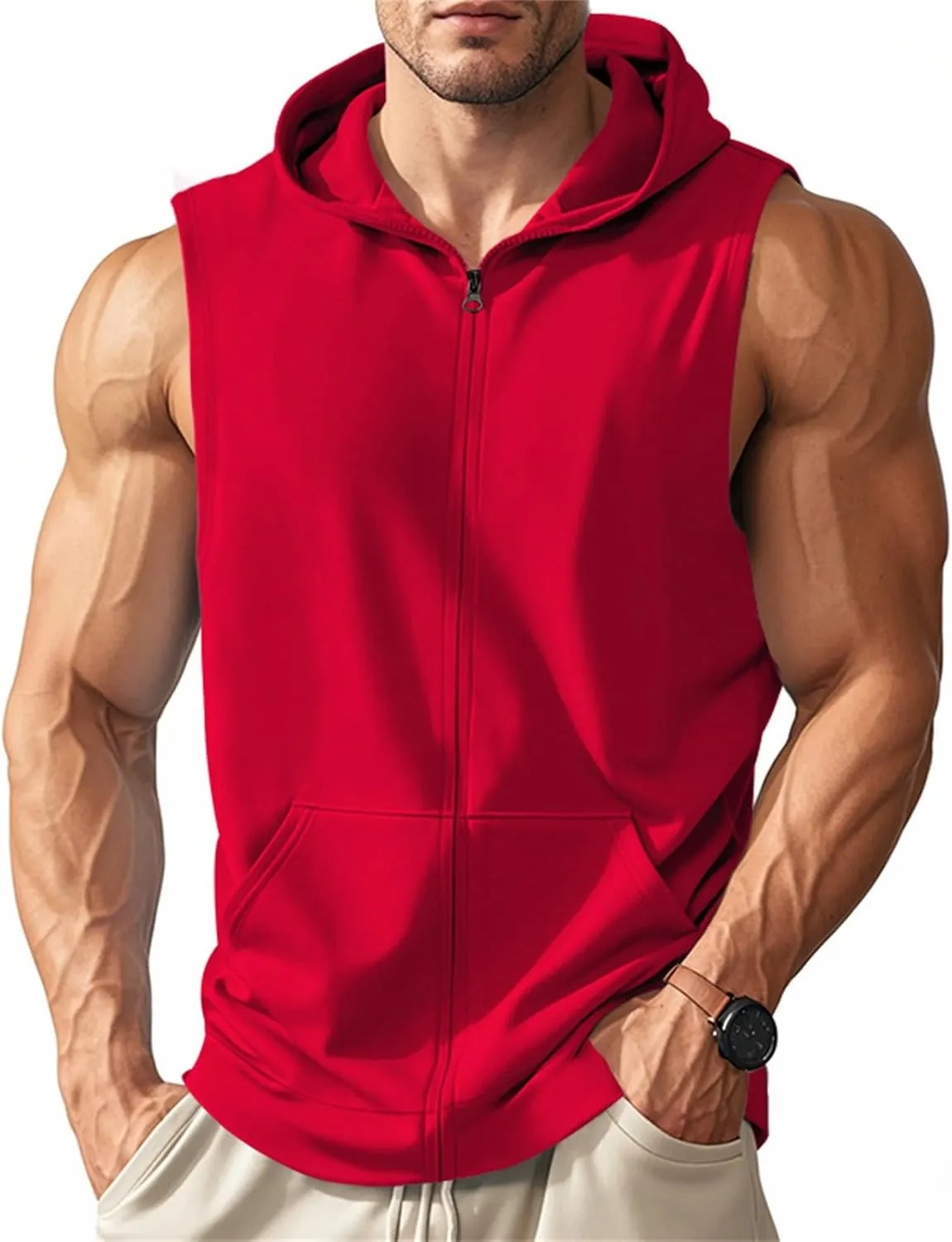 Mens Workout Hooded Tank Top Muscle Cut Off Zip Up Sleeveless Gym Shirt Loose Bodybuilding Fitness Hoodie with Pocket