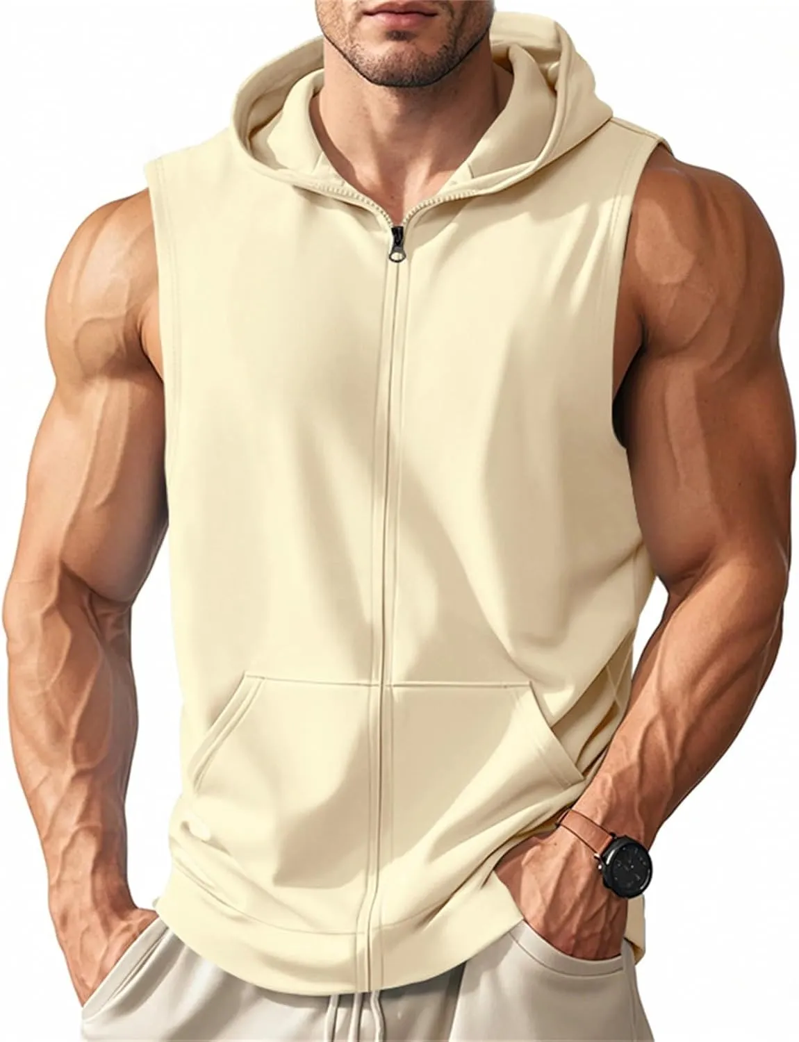 Mens Workout Hooded Tank Top Muscle Cut Off Zip Up Sleeveless Gym Shirt Loose Bodybuilding Fitness Hoodie with Pocket