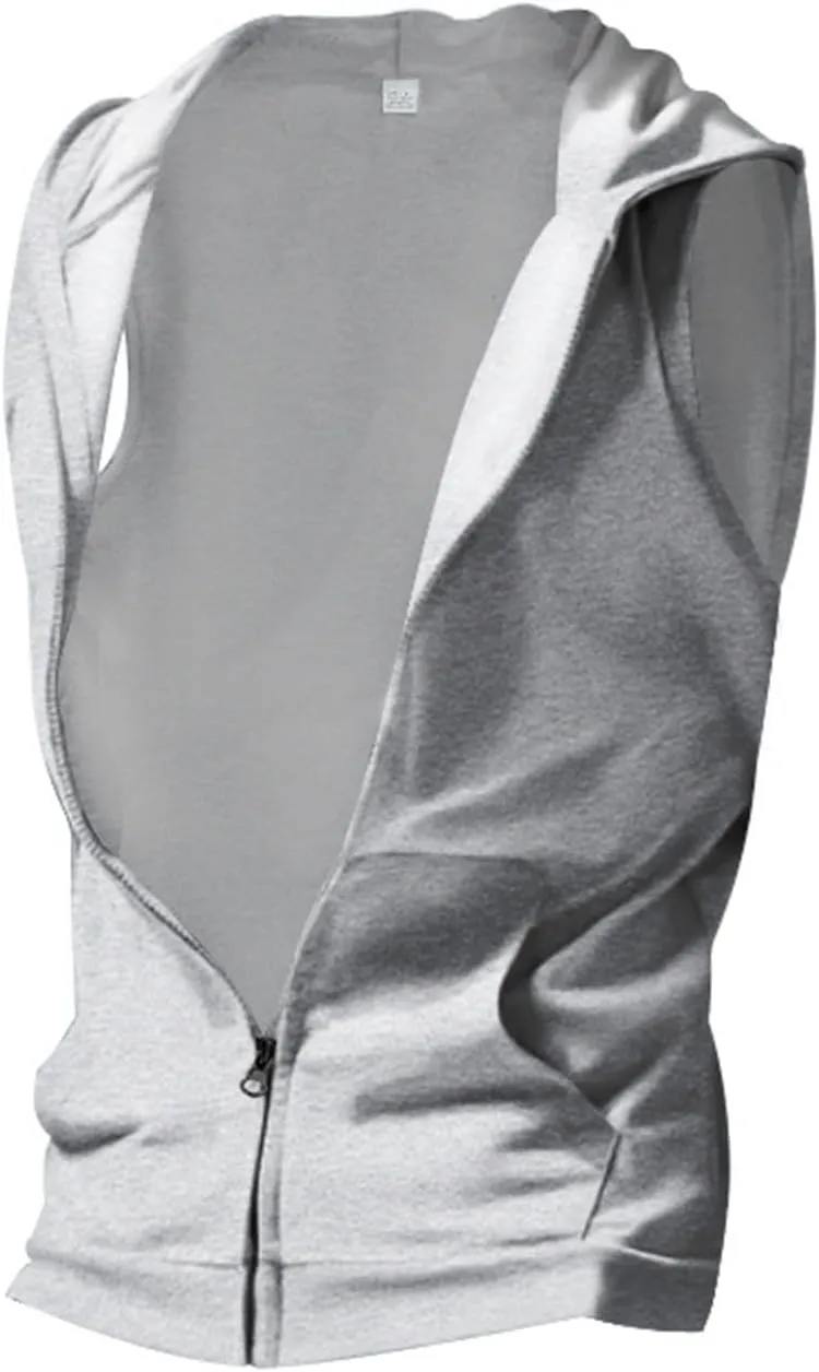 Mens Workout Hooded Tank Top Muscle Cut Off Zip Up Sleeveless Gym Shirt Loose Bodybuilding Fitness Hoodie with Pocket