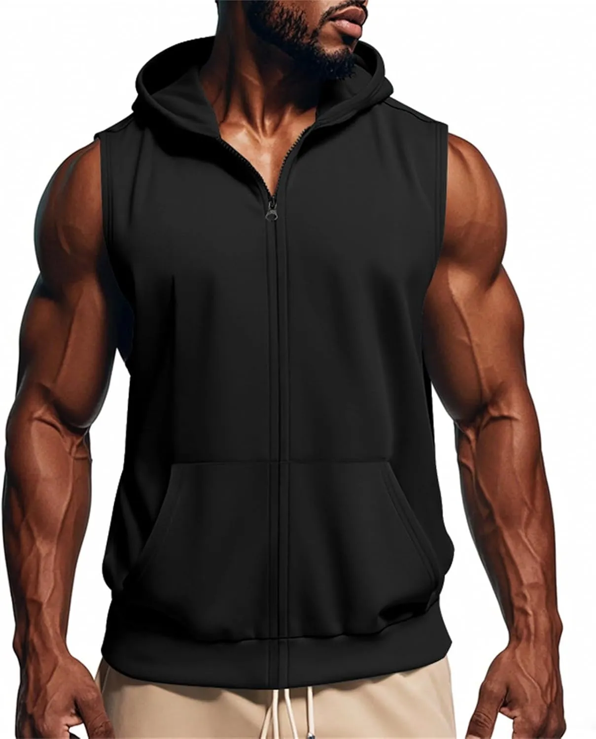 Mens Workout Hooded Tank Top Muscle Cut Off Zip Up Sleeveless Gym Shirt Loose Bodybuilding Fitness Hoodie with Pocket