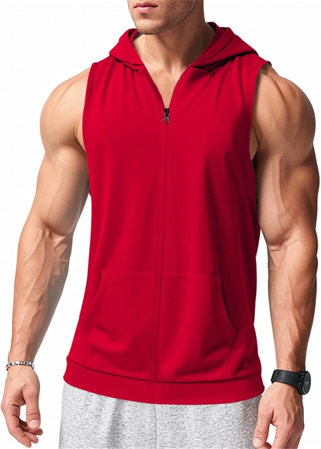 Mens Workout Hooded Tank Top Muscle Cut Off Zip Up Sleeveless Gym Shirt Loose Bodybuilding Fitness Hoodie with Pocket