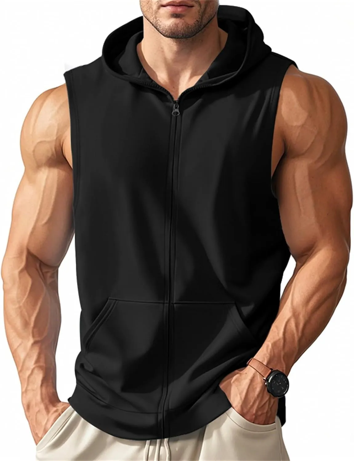 Mens Workout Hooded Tank Top Muscle Cut Off Zip Up Sleeveless Gym Shirt Loose Bodybuilding Fitness Hoodie with Pocket