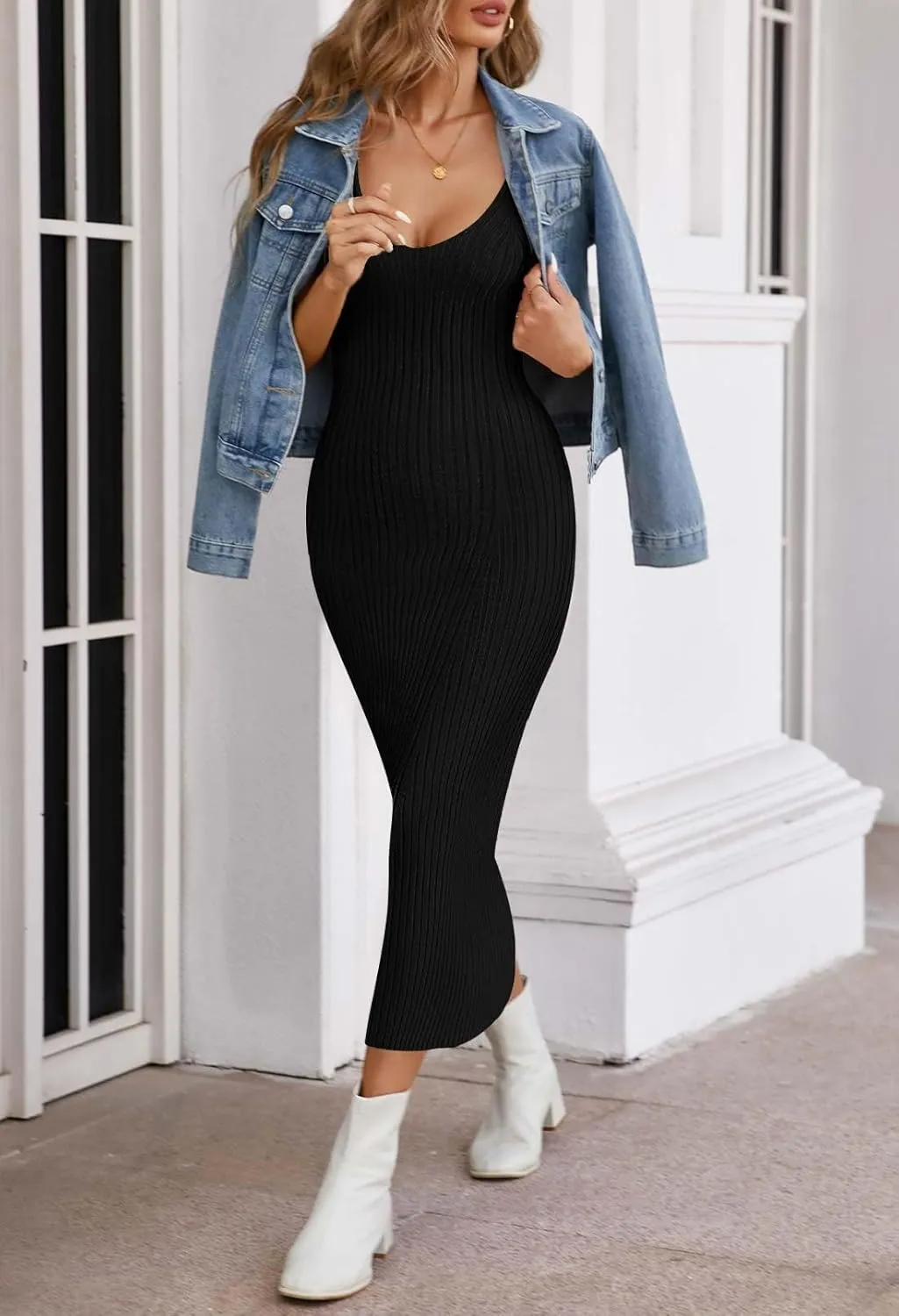MEROKEETY Womens 2025 Summer Spring V Neck Knit Midi Dress Bodycon Casual Sleeveless Ribbed Sweater Dresses