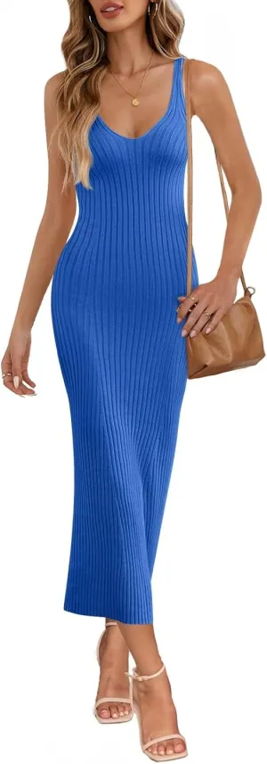 MEROKEETY Womens 2025 Summer Spring V Neck Knit Midi Dress Bodycon Casual Sleeveless Ribbed Sweater Dresses