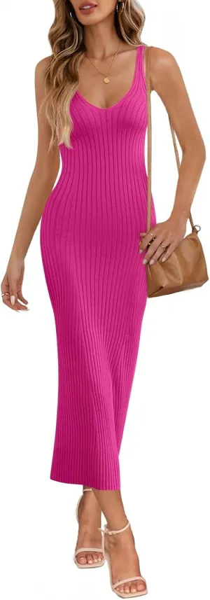 MEROKEETY Womens 2025 Summer Spring V Neck Knit Midi Dress Bodycon Casual Sleeveless Ribbed Sweater Dresses