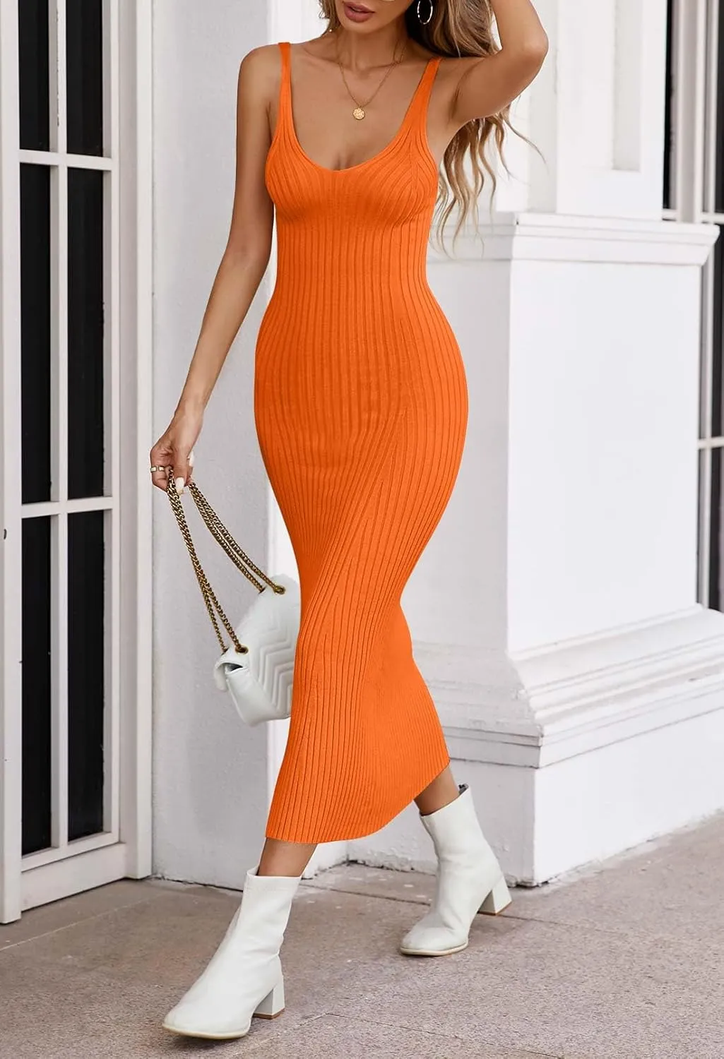 MEROKEETY Womens 2025 Summer Spring V Neck Knit Midi Dress Bodycon Casual Sleeveless Ribbed Sweater Dresses