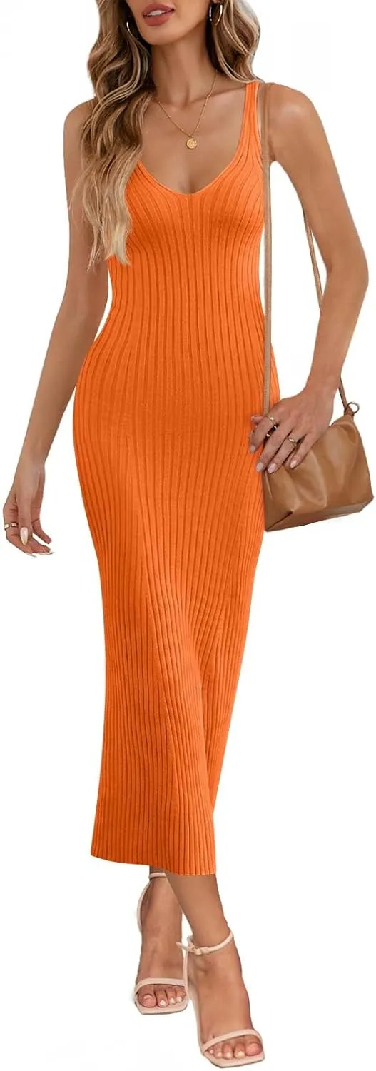MEROKEETY Womens 2025 Summer Spring V Neck Knit Midi Dress Bodycon Casual Sleeveless Ribbed Sweater Dresses