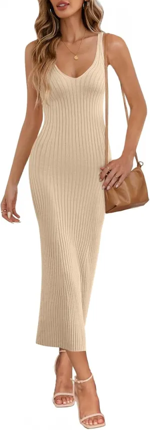 MEROKEETY Womens 2025 Summer Spring V Neck Knit Midi Dress Bodycon Casual Sleeveless Ribbed Sweater Dresses
