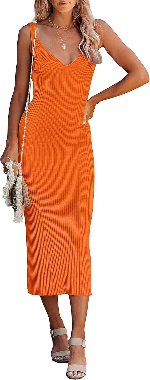 MEROKEETY Womens 2025 Summer Spring V Neck Knit Midi Dress Bodycon Casual Sleeveless Ribbed Sweater Dresses