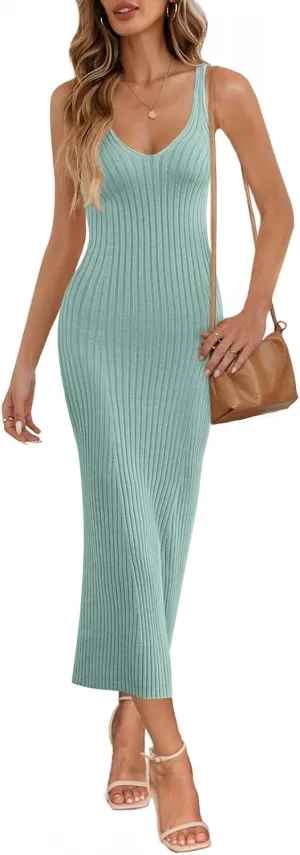 MEROKEETY Womens 2025 Summer Spring V Neck Knit Midi Dress Bodycon Casual Sleeveless Ribbed Sweater Dresses