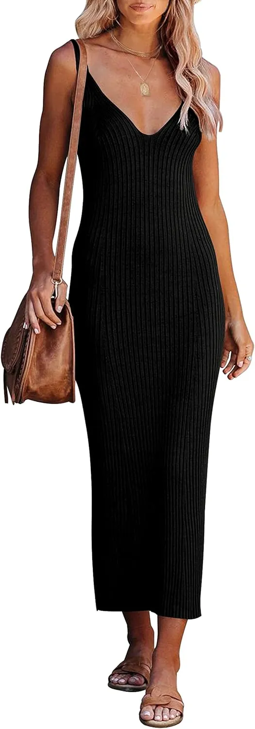 MEROKEETY Womens 2025 Summer Spring V Neck Knit Midi Dress Bodycon Casual Sleeveless Ribbed Sweater Dresses