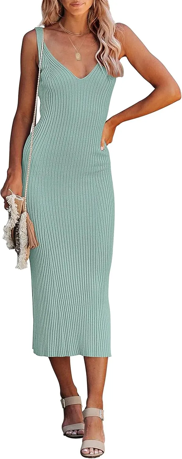 MEROKEETY Womens 2025 Summer Spring V Neck Knit Midi Dress Bodycon Casual Sleeveless Ribbed Sweater Dresses
